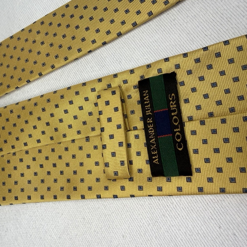 Yellow Gold Mens Tie With Navy Square Pattern Hand Made Alexander Julian Colours